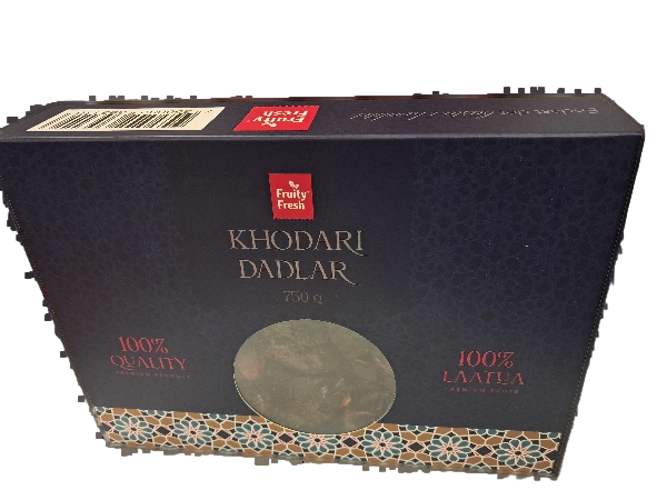 Box of Khodari Dadlar with branding and product details on a white background