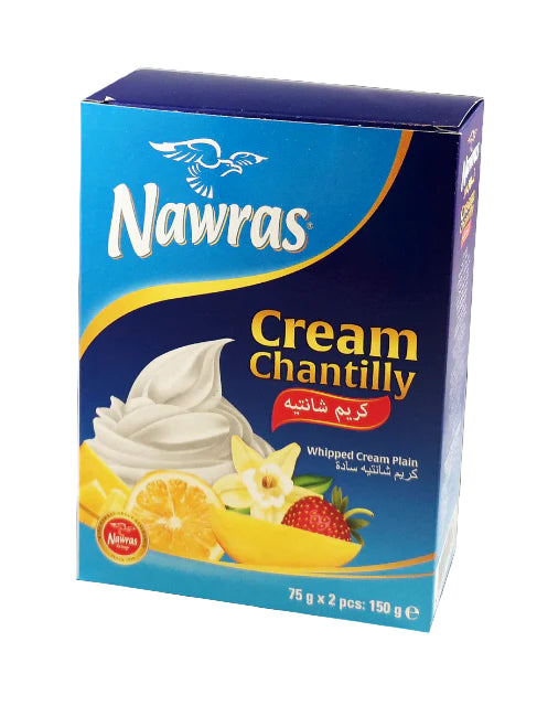 Nawras Cream Chantilly packaging with whipped cream and fruits on a white background