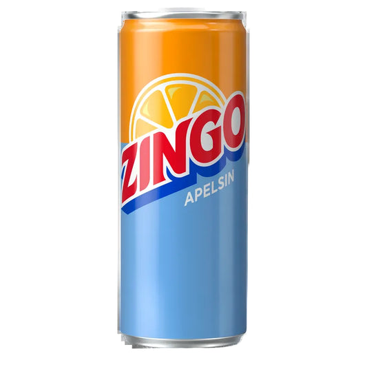 Zingo orange juice can on a white background